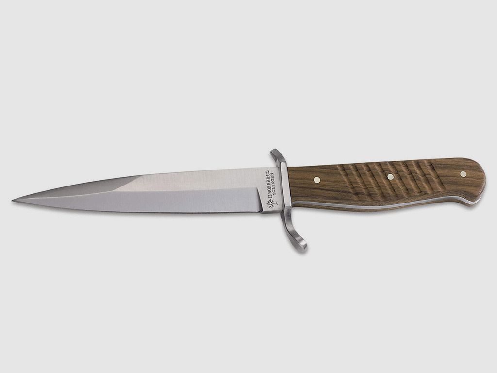 Dolch BĂ¶ker Grabendolch Stahl C75 Stahl KlingenlĂ¤nge 14,4 cm Walnussholz Griff inklusive Lederscheide (P18)