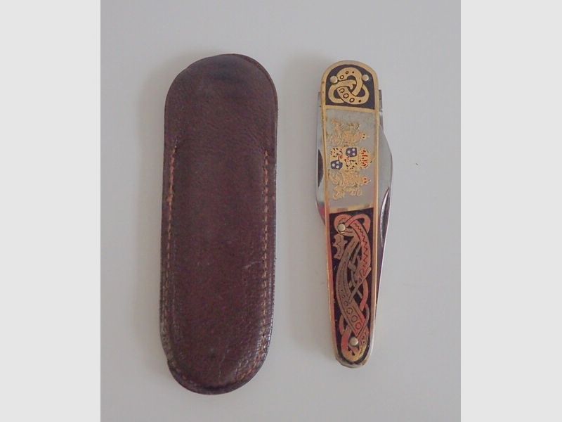 Taschenmesser + Etui, Messing, Löwen Wappen Schweden, antik!