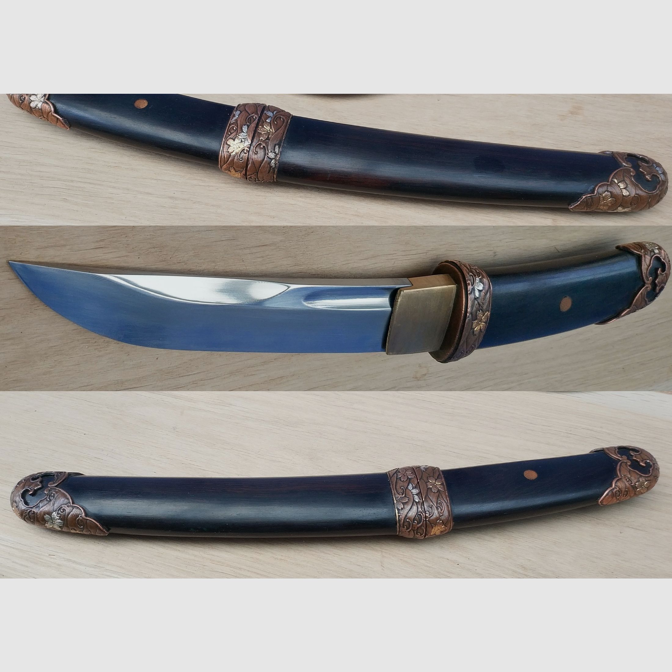 handpolierter Sanmai Tanto mit Heft und Scheide aus Ebenholz