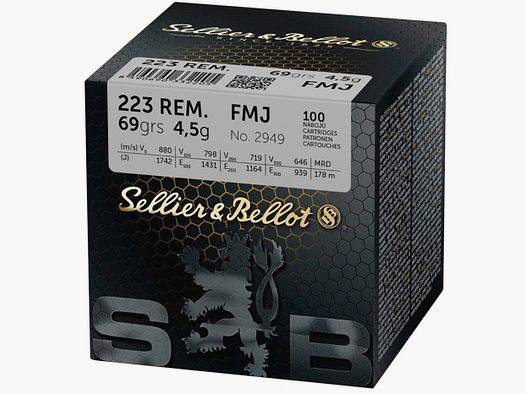 Sellier & Bellot 2010788 .223 Rem. Pełnopłaszczowe 4,5g 69grs. 100 sztuk nabojów myśliwskich