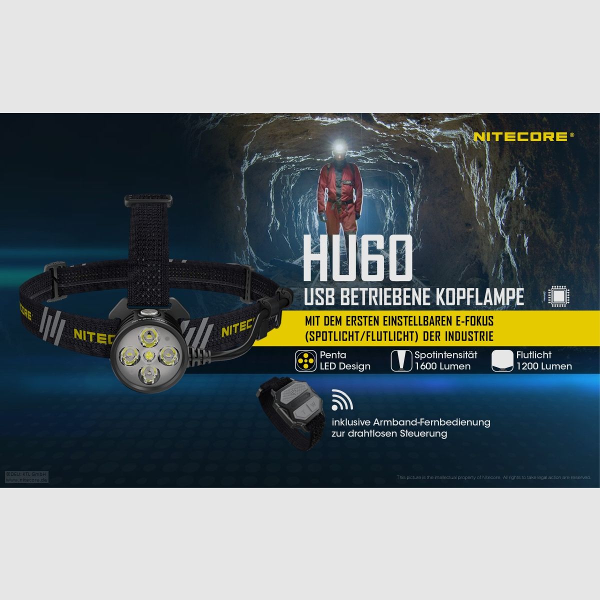 Nitecore HU60WB-2 Stirnlampe 1600 Lumen elektronischer Fokus inklusive Fernbedienung