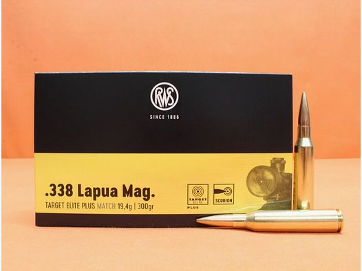 RWS Cartouche .338LapuaMag RWS 300grs HPBT (2405120) VE 20 cartouches (Target Elite Plus)/ 19,4g pointe creuse Match