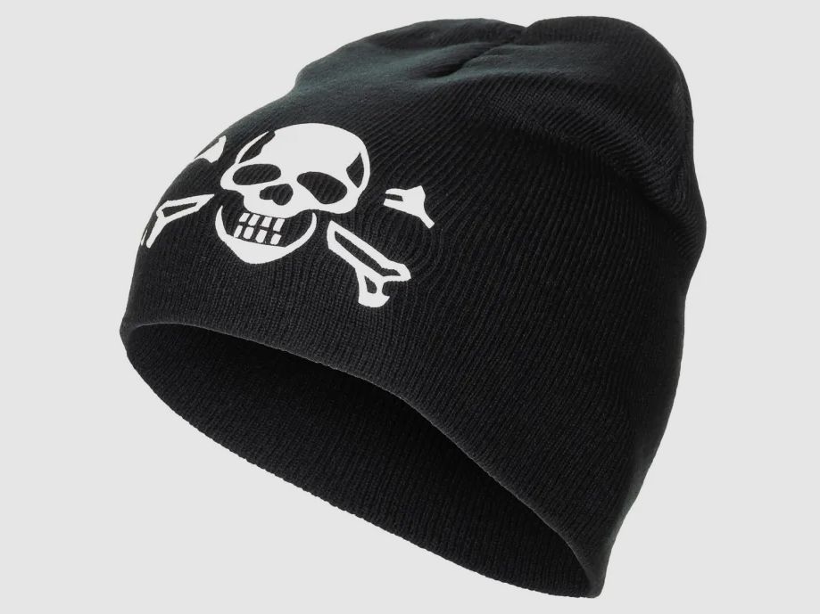 Strickmütze, "Beanie",schwarz, "Totenkopf", fein gestrickt