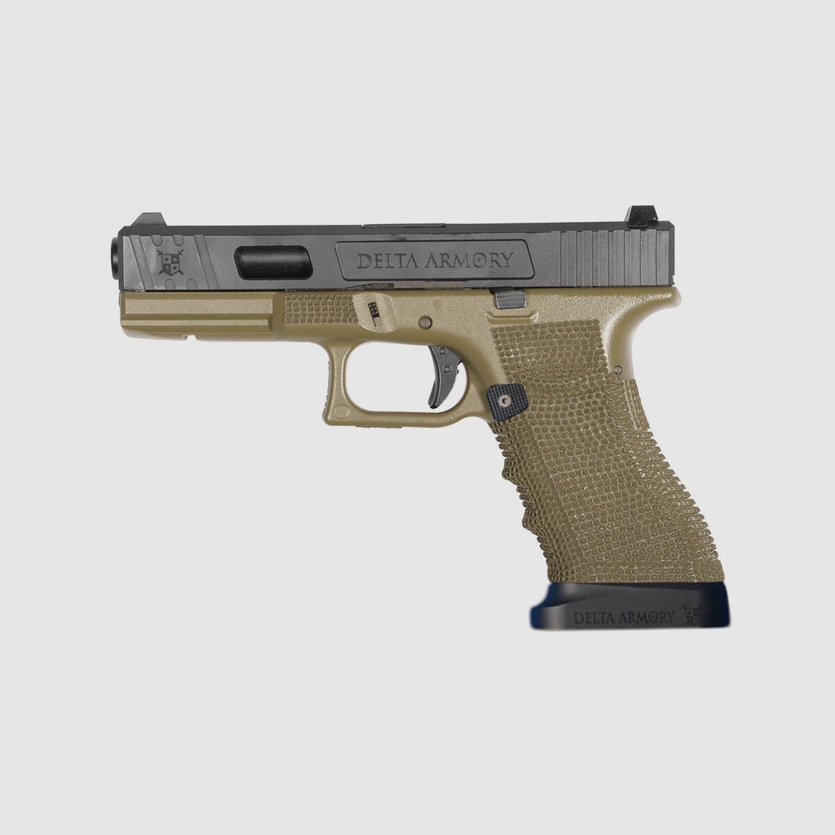P02 GBB Airsoft Pistol with Grip Stippling in Olive | Delta Armory