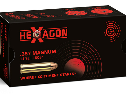 50 Schuss GECO .357 Magnum HEXAGON Hohlspitz MATCH Munition 180gr 11,7g Revolverpatronen Präzision !