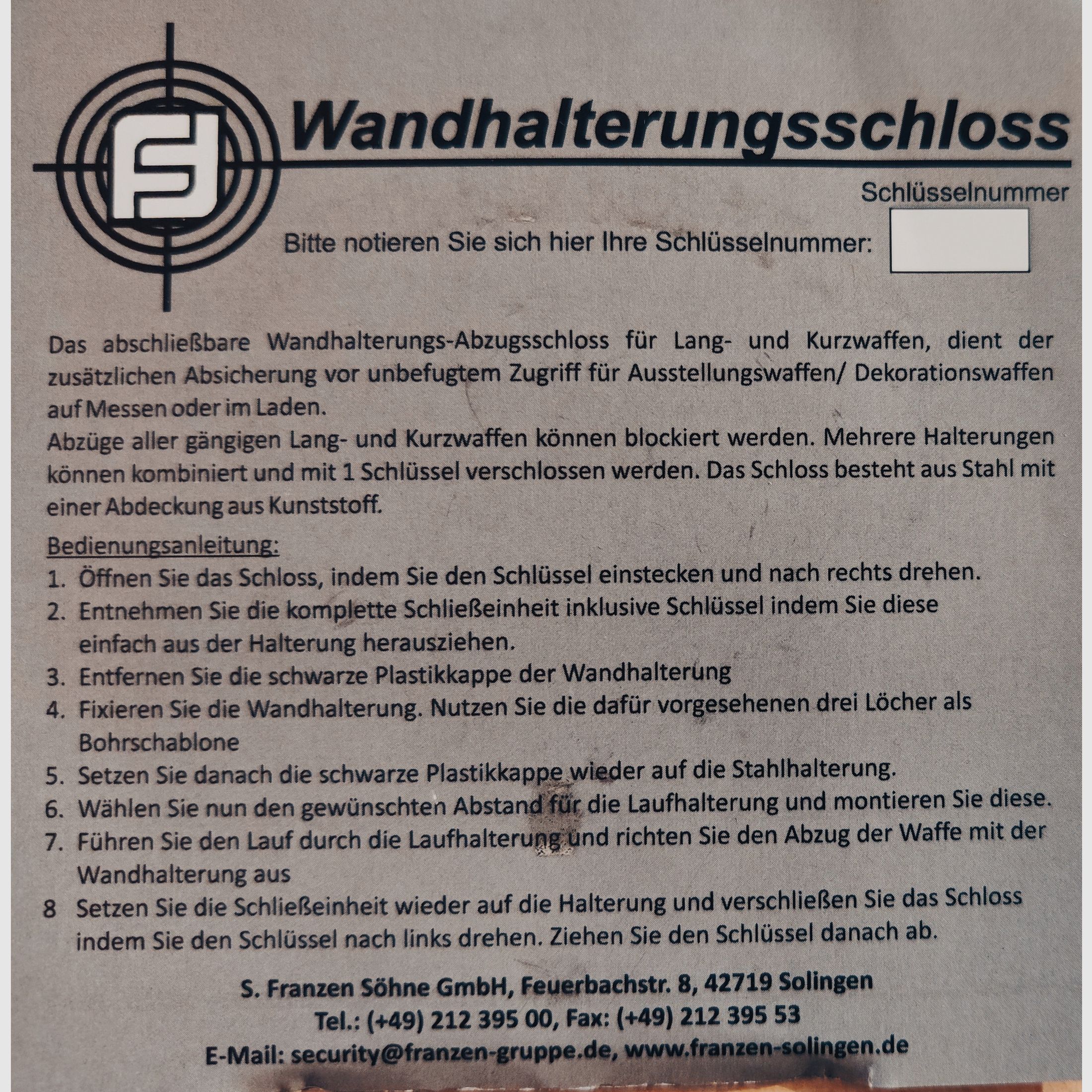 Franzen Wandhalterungsschloss mit Laufhalterung