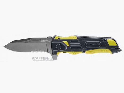 Cuchillo de rescate Walther PRO negro/amarillo con cortador de cinturón