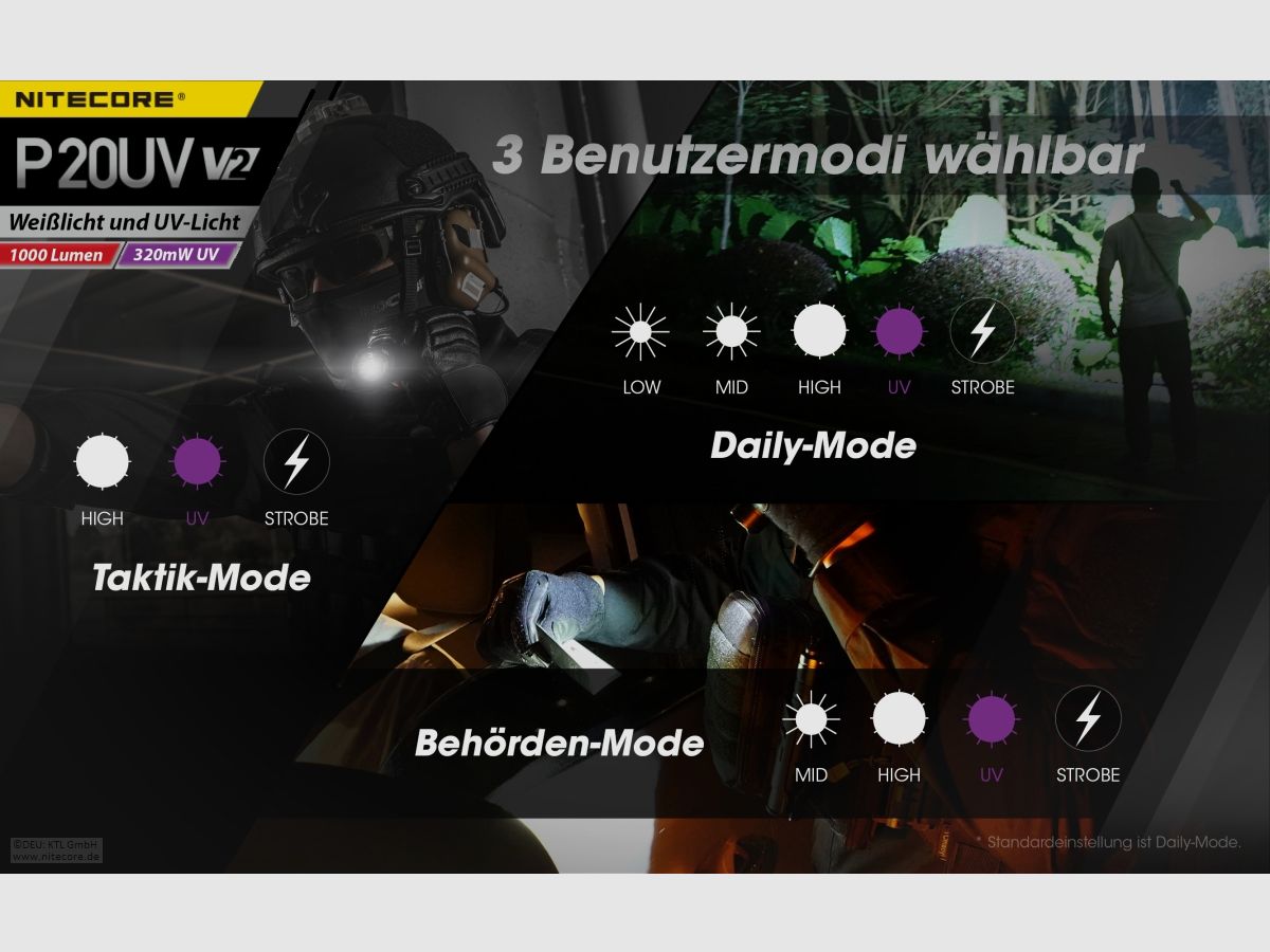 Nitecore P20UVV2 Taschenlampe P20UV V2 1000 Lumen UV Licht