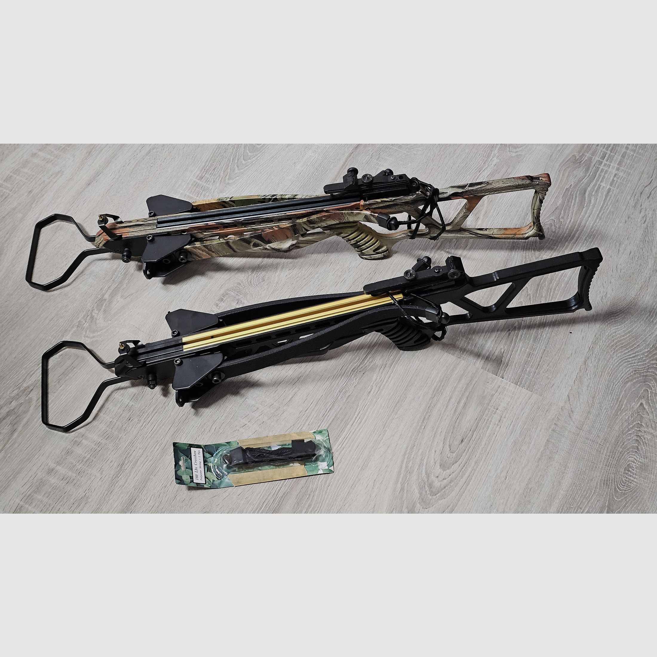 Recurve crossbow double set: 2x Skeleton Hunter 120 lbs (Camo & Black) foldable, 45 bolts, spare string