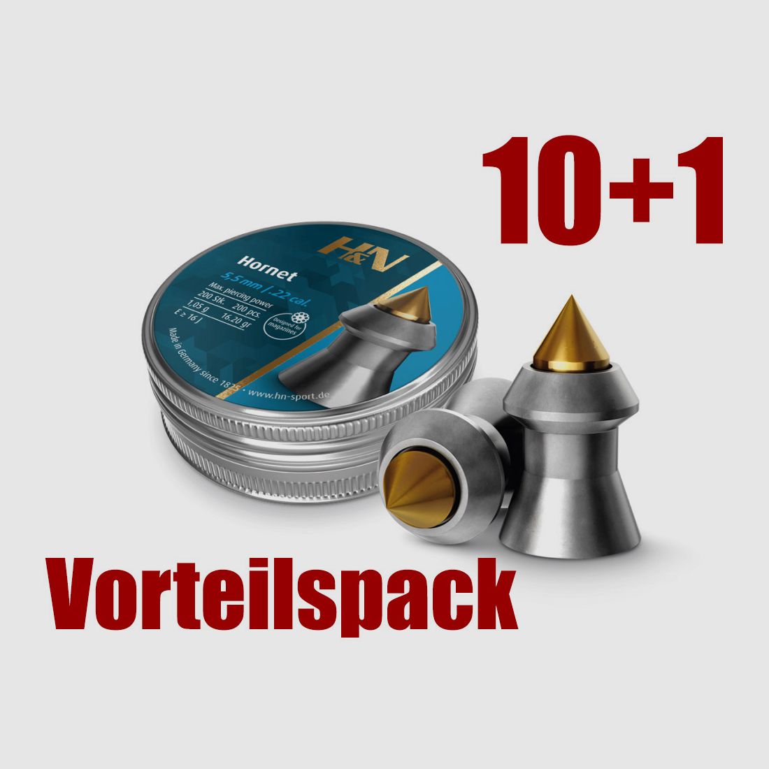 10+1 GRATIS x 200 StĂĽck H&N Hornet Diabolo, Hohlspitz, Messingspitze, Jagd, Kaliber 5,5 mm, 1,05 g