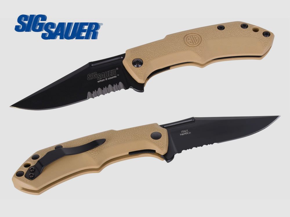 Taschenmesser Sig Sauer M1 TAN, Tactical Folding Knife, Clippoint-Klinge 90 mm, GĂĽrtelclip