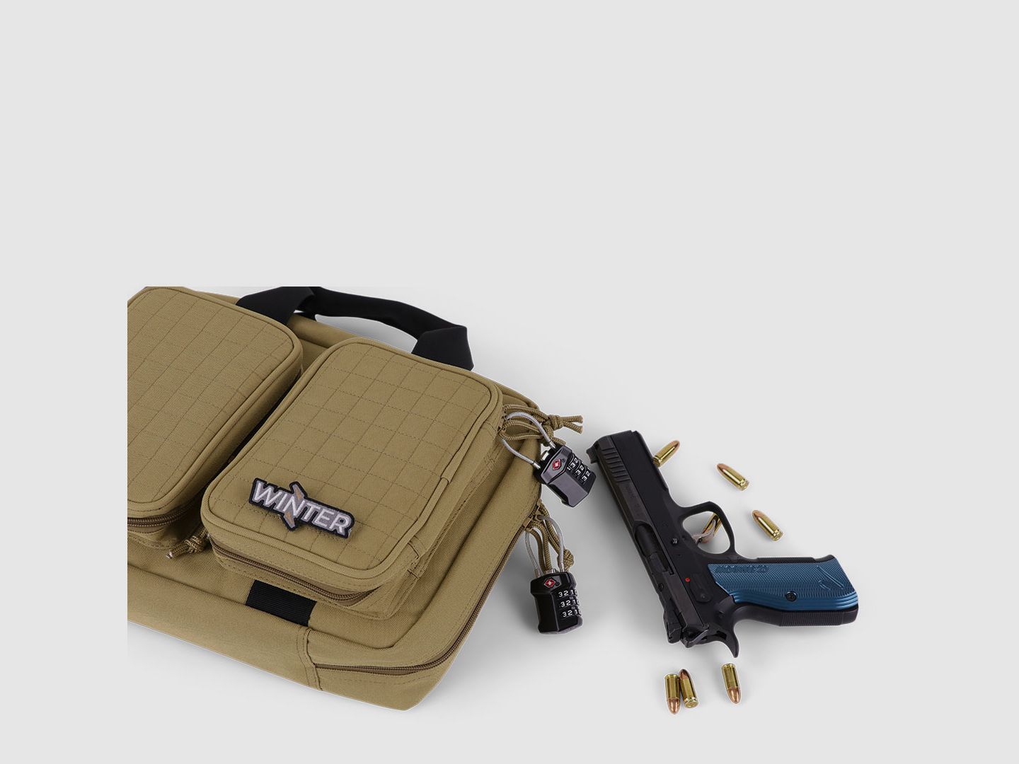 Winter Pistolentasche W8 für 2 Kurzwaffen – 8 Magazinhalter, 1000D, abschließbar (Dune)