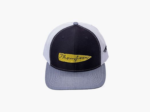 Gorra negra/blanca con logo de Thompson amarillo