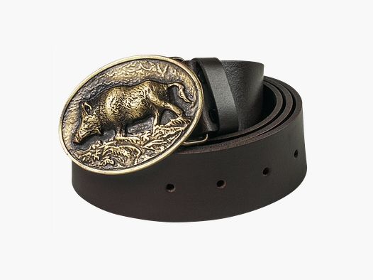 Leather belt ,buckle with decorative wild boar theme, 38 mm wide 130 cm