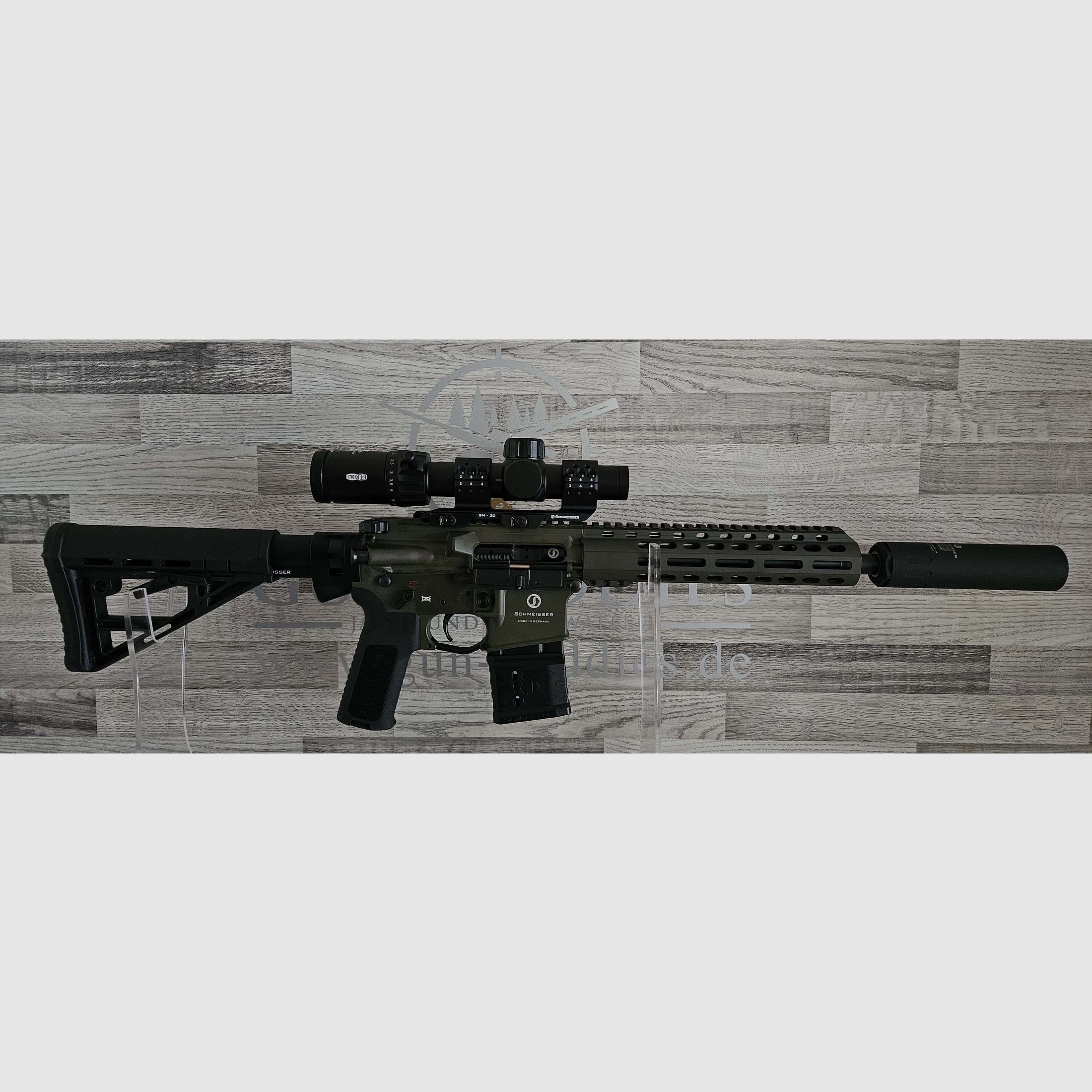 Nowy towar z handlu specjalistycznego - Schmeisser AR15 S4F OD Green 10,5" .223Rem - Zestaw z tłumikiem + lunetą