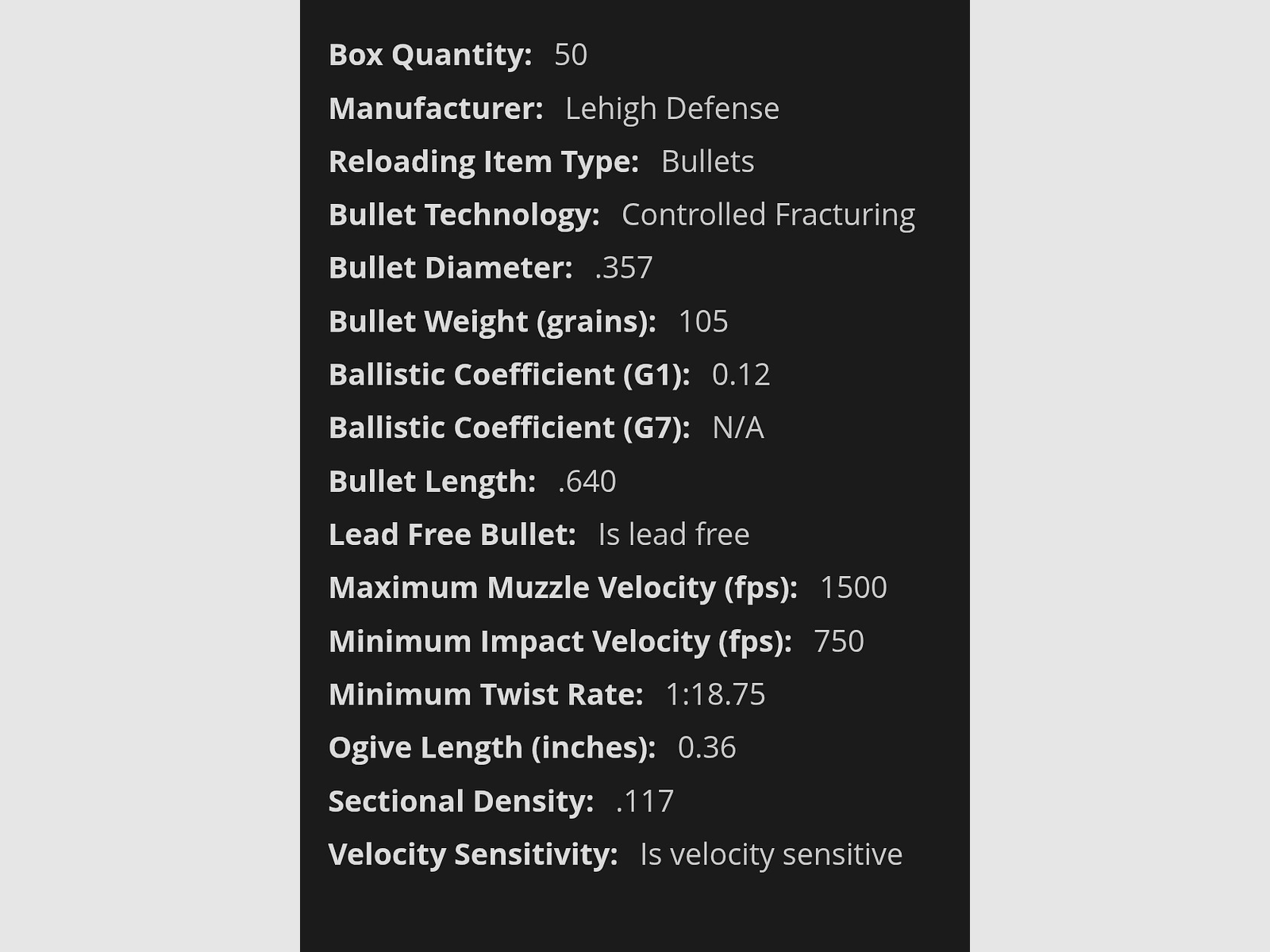 50 LEHIGH DEFENSE bullets .9mm/ 357/ 105gr.