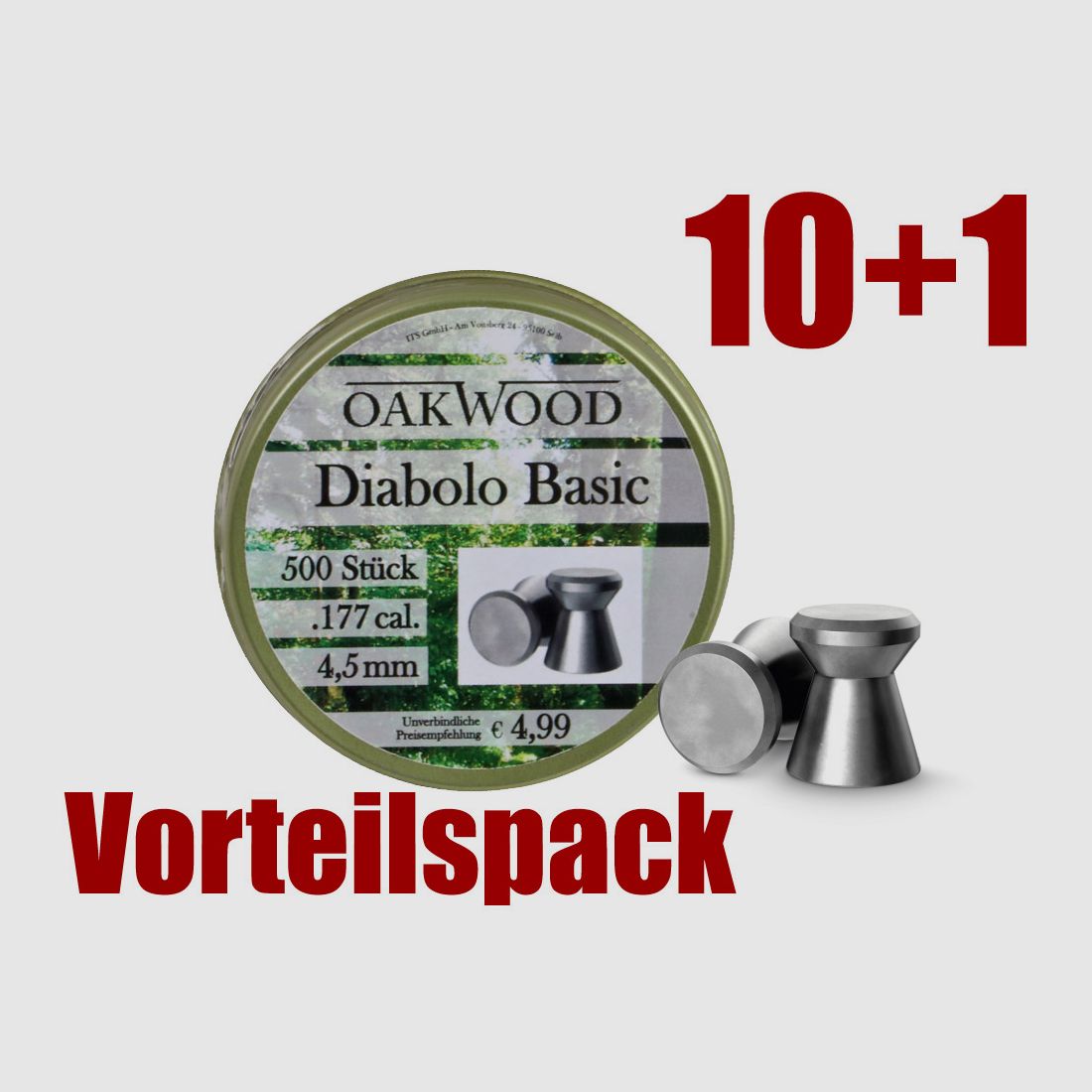 Vorteilspack 10+1 Flachkopf Diabolos Oakwood Basic Kaliber 4,5 mm 0,48 g glatt 11 x 500 StĂĽck