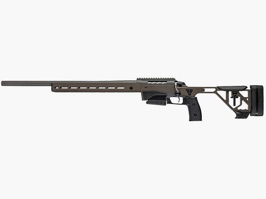 TIKKA T3x ACE TARGET .308 Win, version gauchère, Cerakote tungsten, longueur du canon 23,7", verrou cannelé, pas 10", détente directe, crosse Cerakote midnight bronze, sans viseurs, MG 5/8"-24