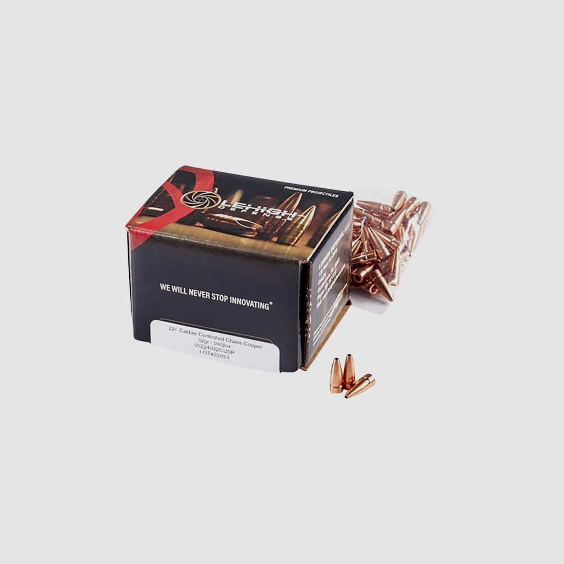 LEHIGH DEFENSE HIGH VELOCITY BULLETS LEHIGH DEFENSE CONTROLLED CHAOS 22 CALIBER (0.224″) SCHP 32GR 50/BOX, image 2 of 2