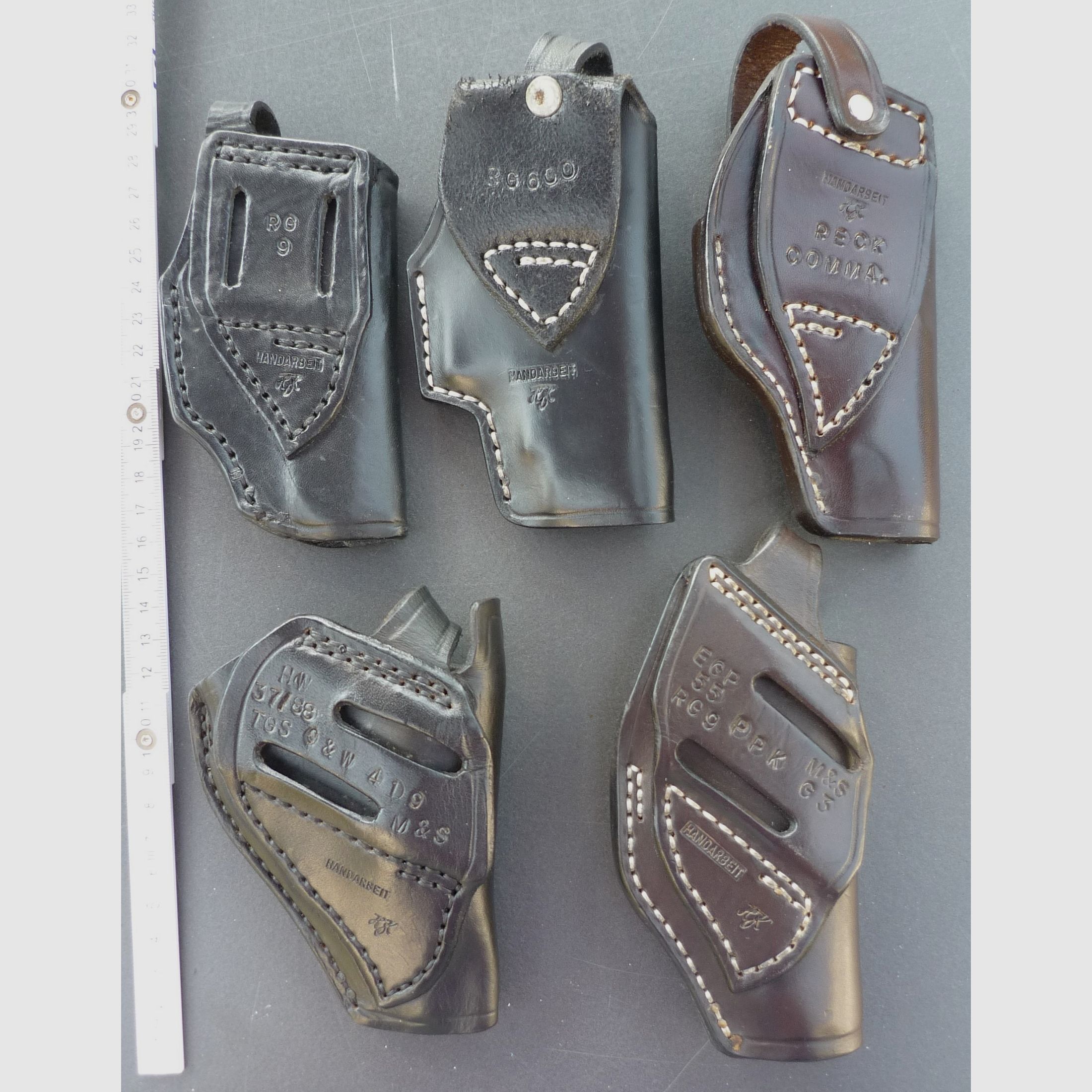 HKDesign Holster  Art. Nr.  002 : Einfachholster mit Sicherheitsriemen   -  für: RG9, RG600, Reck Comma., HW37/88, TGS,S&W419,M&S.EGP55, RG9,PPK,  M&SG3  -  für Linkshänder