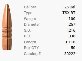 Balle Barnes .25/.257 100GR TSX BT 50 pièces