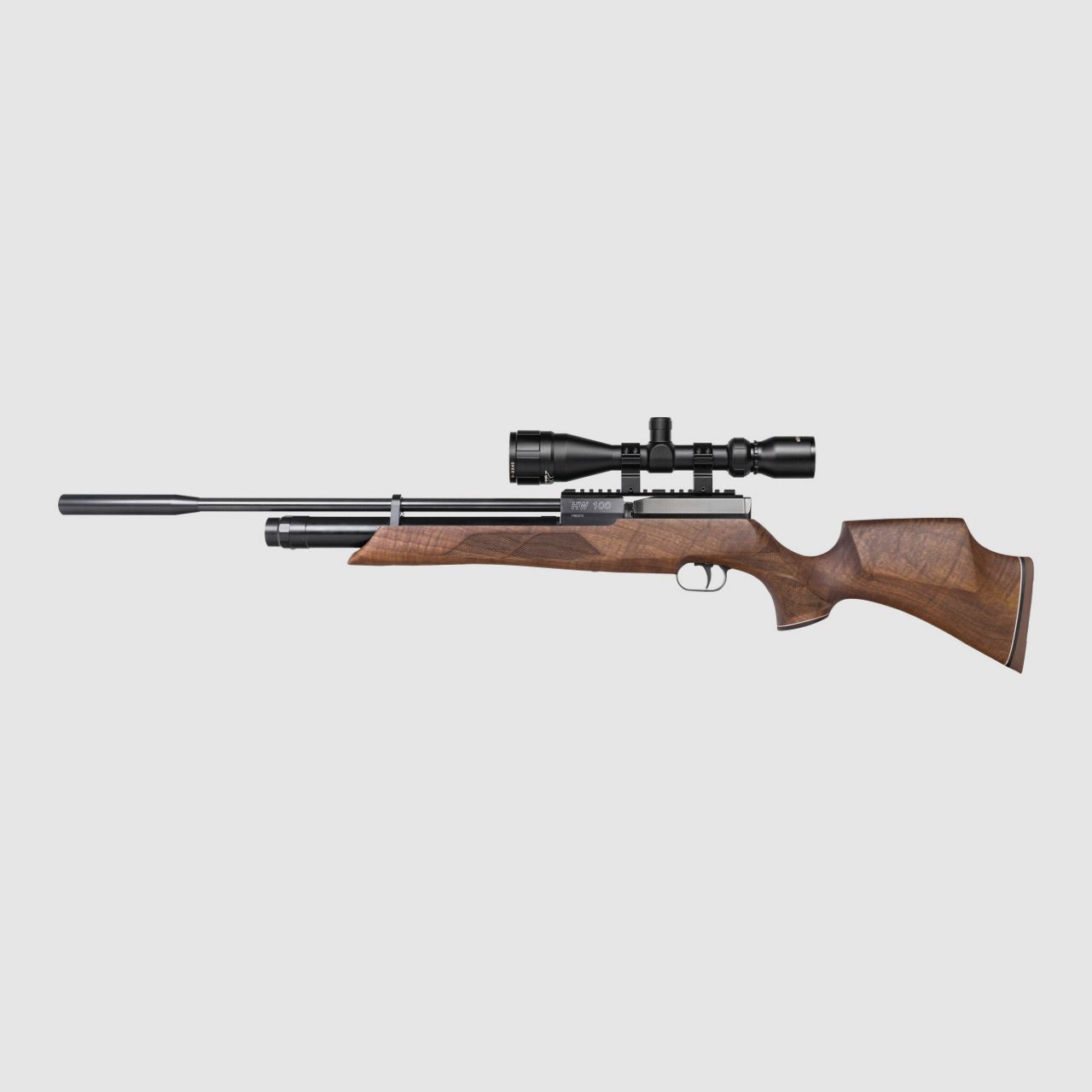 Pressluftgewehr Weihrauch HW 100 S Nussbaumholz-Sportschaft langer Lauf Kompensator Kaliber 4,5 mm (P18)