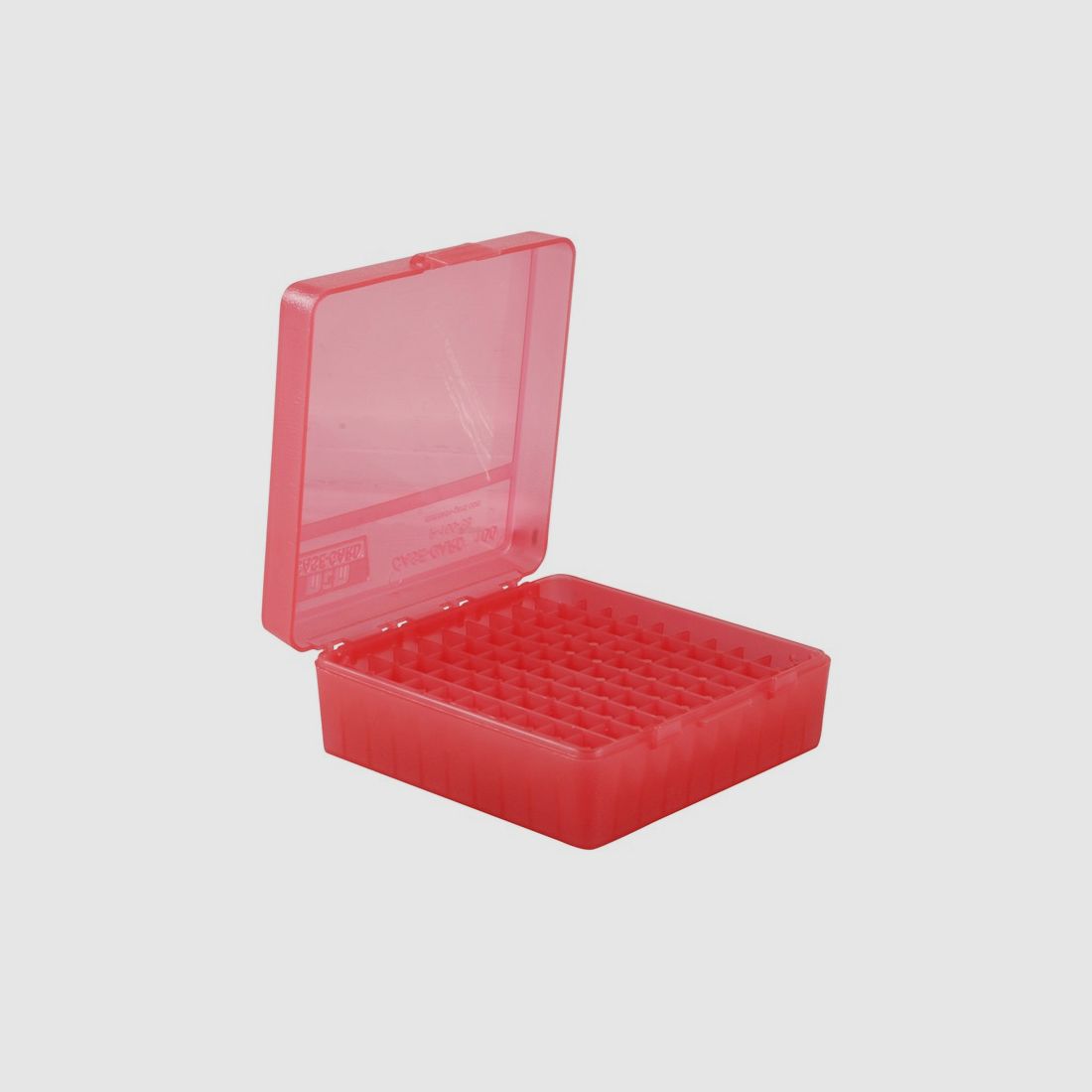 MTM scatola per cartucce P-100-3-29 rossa trasparente con coperchio a ribalta per 100 cartucce .38/.357 e altre.