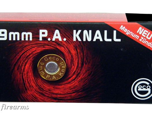 GECO Platzpatronen Kaliber 9 mm P.A.K. für Pistolen. 50 Schuss in Pappschachtel Boxerzündung