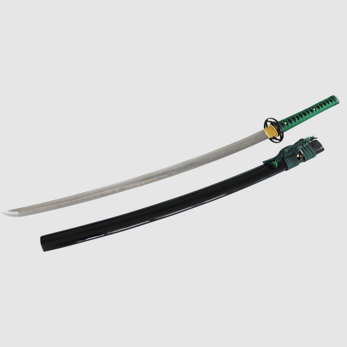 Iaito mit stumpfer Stahl Klinge und grüner Griffwicklung