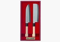 Juego de 2 cuchillos de cocina japoneses, mangos de madera, abrazaderas de plástico