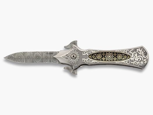 Cuchillo de bolsillo m. decorado con ornamentos, hoja de estilo Damasco afilada por un lado.