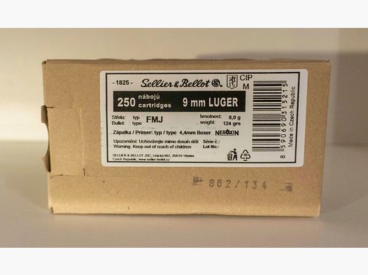 9 mm Luger Vollmantel 8,0g/124grs. Sellier & Bellot - 250 Schuss