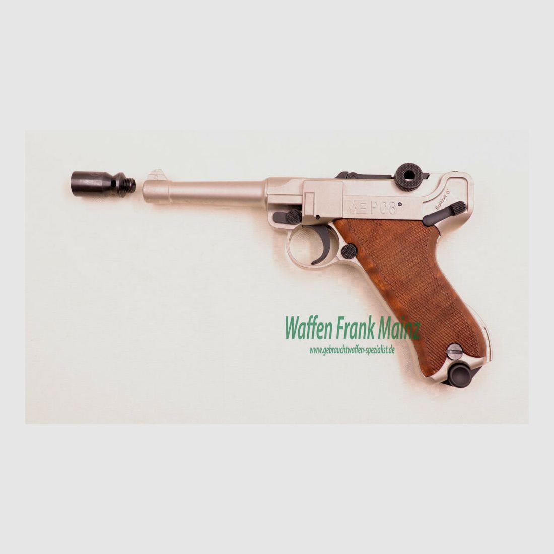 Melcher Cuno, Solingen ME P08 matt vernickelt 9mm P.A.K.