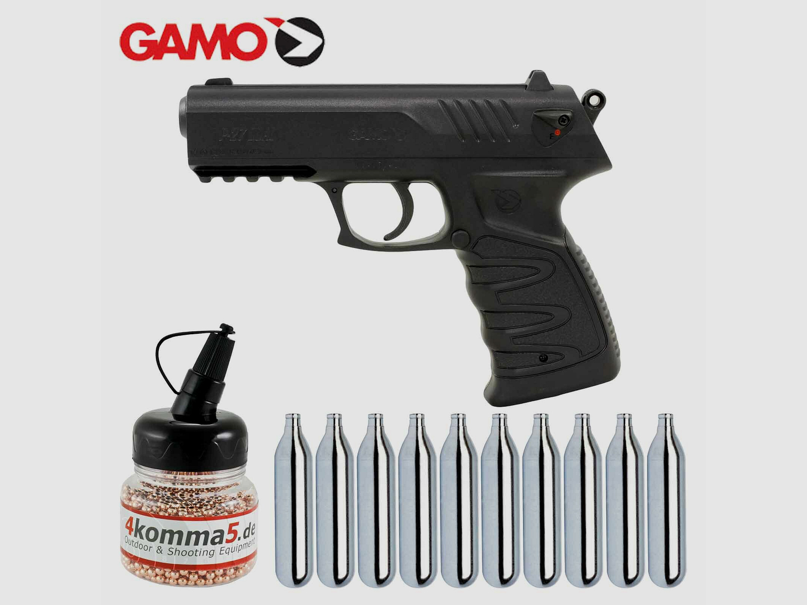 Komplettset Gamo P-27 Co2-Pistole 4,5 mm Diabolo / Stahl BB (P18) + 10 Co2-Kapseln + 1500 Stahl-BB's 4komma5