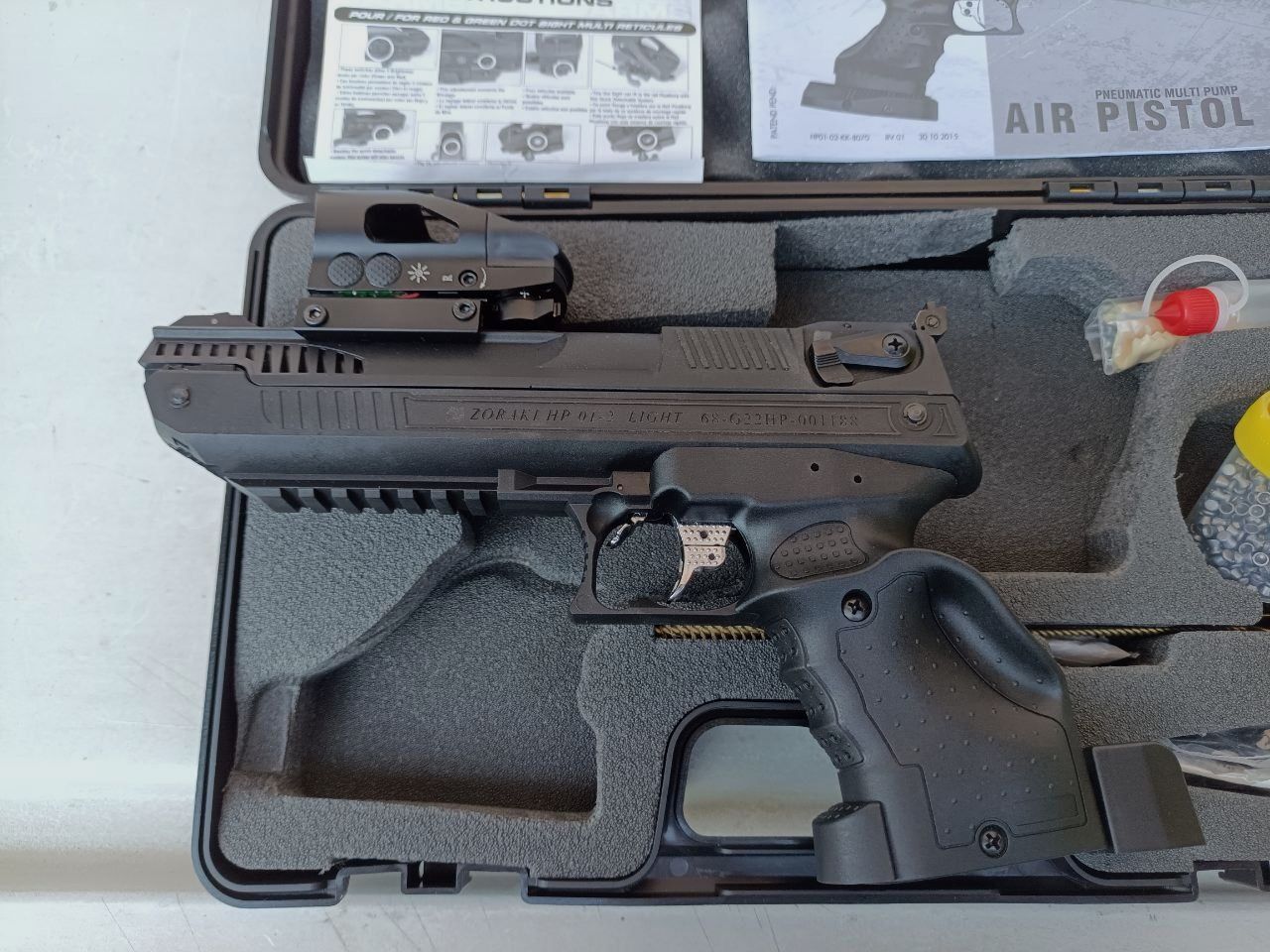 Zoraki HP 01 precompression con mirino Red Dot munizioni scatola di raccolta pallini bersagli