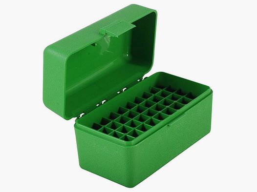 MTM scatola per cartucce RS-50-10 verde con coperchio a ribalta per 50 cartucce .17 e altre.
