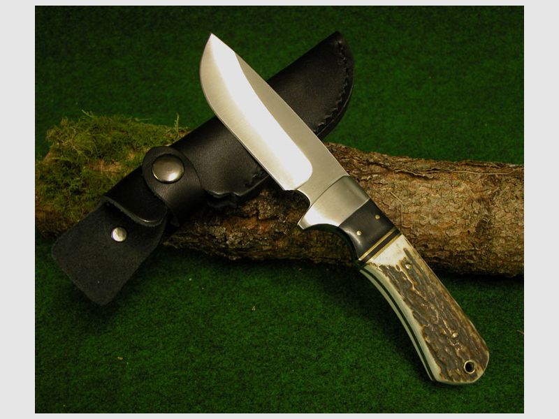 JAGDNICKER original " LEEGEBRUCH " mit Hirschhorngriff und Lederscheide Klinge 440 Stahl feststehend