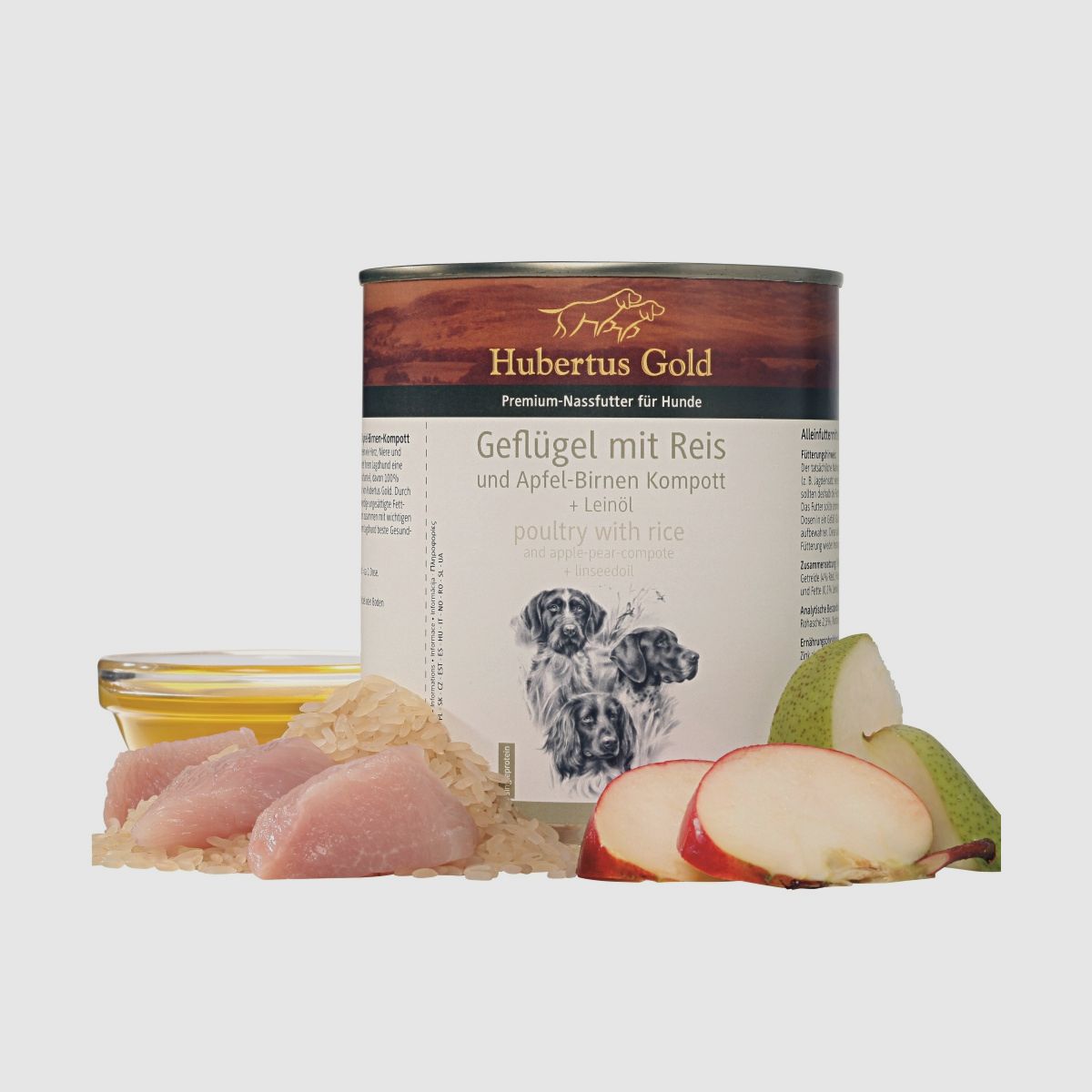 HUBERTUS GOLD Geflügel mit Reis und Apfel-Birnen Kompott + Leinöl 800g