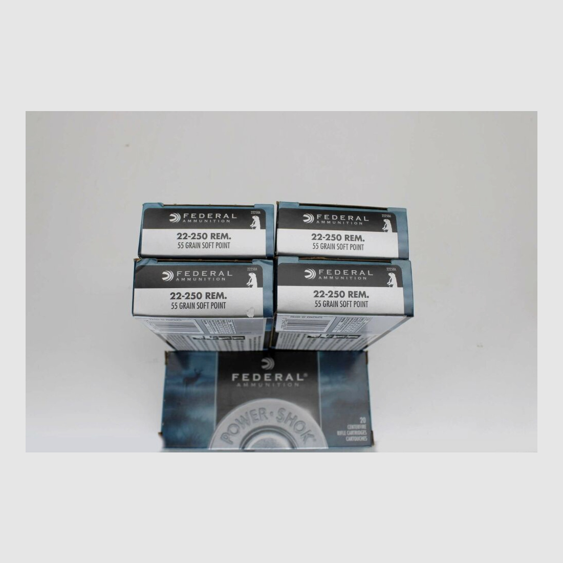 100 Schuß Federal .22-250 Rem mit 55gr. Soft Point SP 5x20er Pack