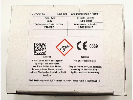 RWS ontstekers RWS 5,33mm Type 5337, Grote Pistool