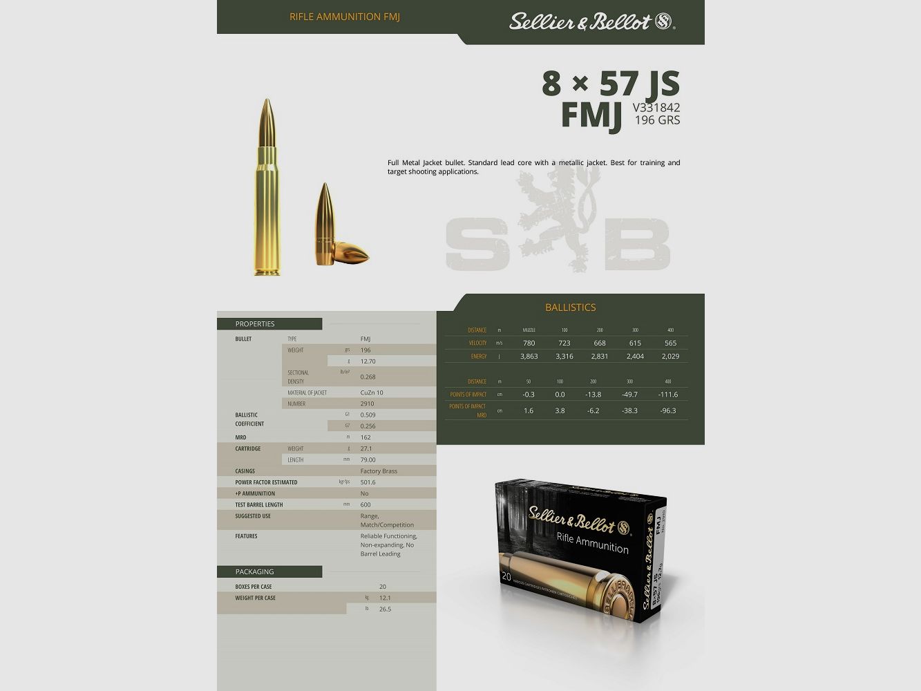 Munitions Sellier & Bellot Cal 8x57JS (IS) 198 gr FMJ-BT Bte de 20, image 2 sur 2