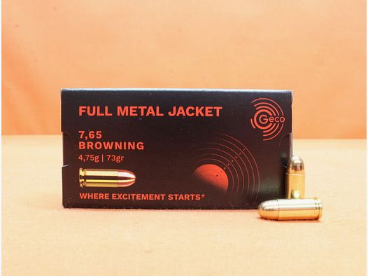 Patron GECO 7,65mm Browning GECO 73grs FMJ (2317703) VE 50 cartouches/ 4,75g Full Metal Jacket