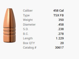 Barnes Geschoss .458/.458 350GR TSX HP FB 20 Stück