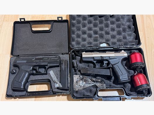 2x Walther P99 Schreckschuss 9mm 1x Schwarz + 1x Bicolor, 4 Magazine + 2x Umarex Pyro Launcher Abschussbecher