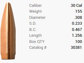 Barnes Bullet .30/.308 155GR Match Burners BT Palma 100 Pieces