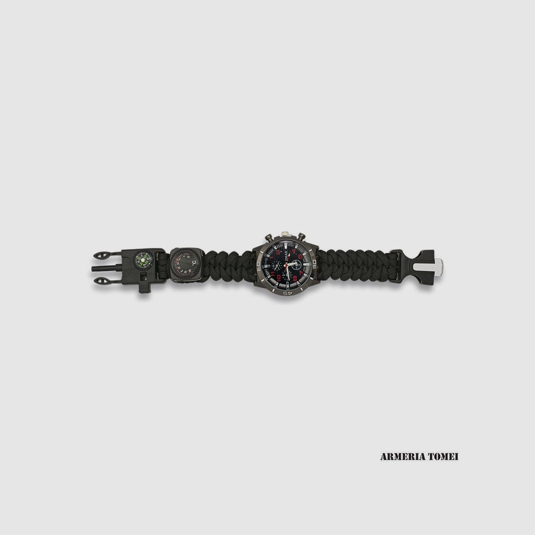 Montre de survie tactique noire en paracorde avec boussole, allume-feu, sifflet et thermomètre