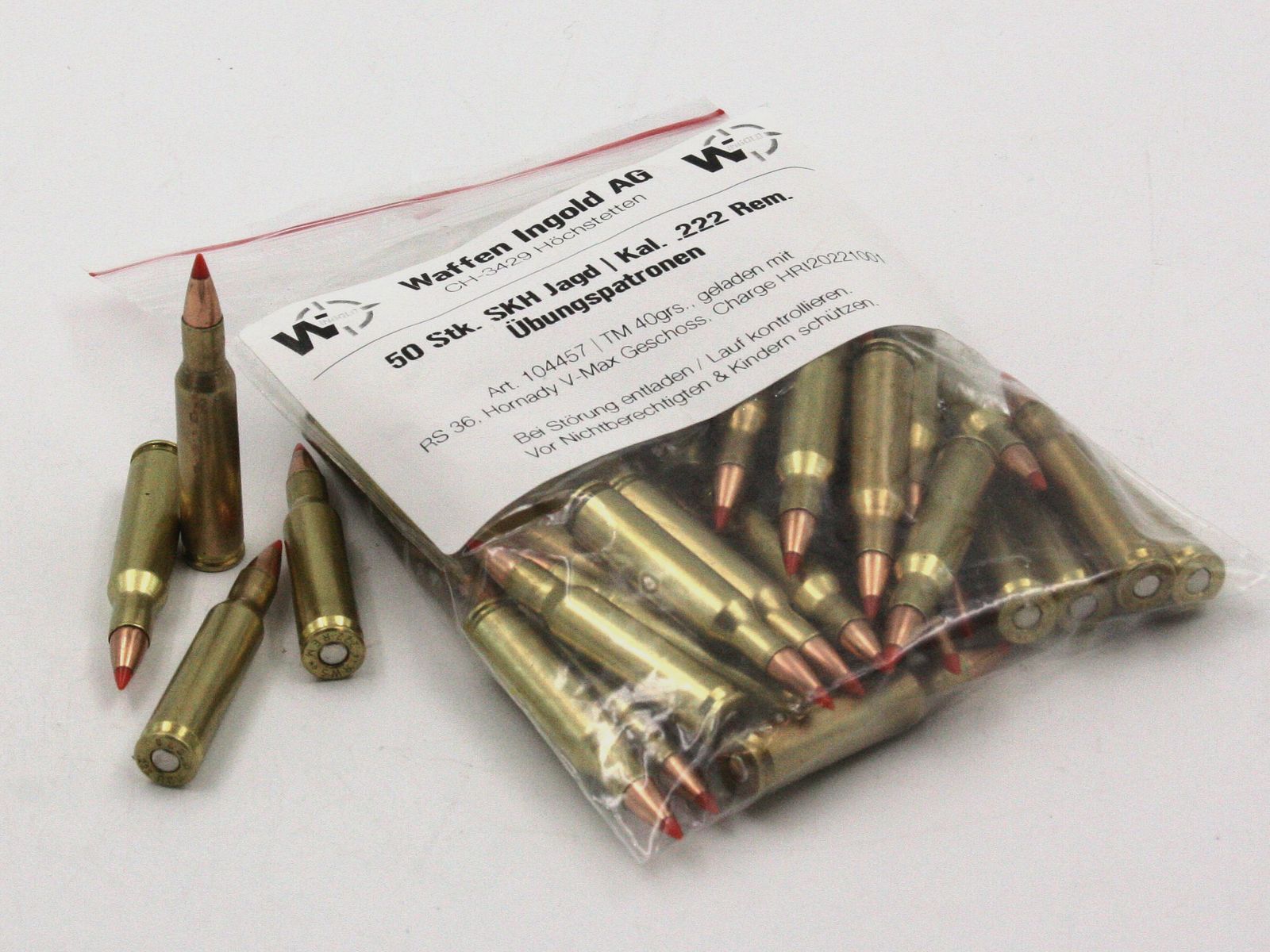 SKH Jagd, Kal. 222 Rem. Übungspatrone, TM, 40 gr., 50 Stk. (Hornady V-Max Geschoss)