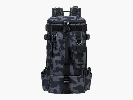 Angelrucksack mit Rutenhalter, taktischer Rucksack mit MOLLE und Fächern für Köderboxen (Schwarz / Tarnmuster)