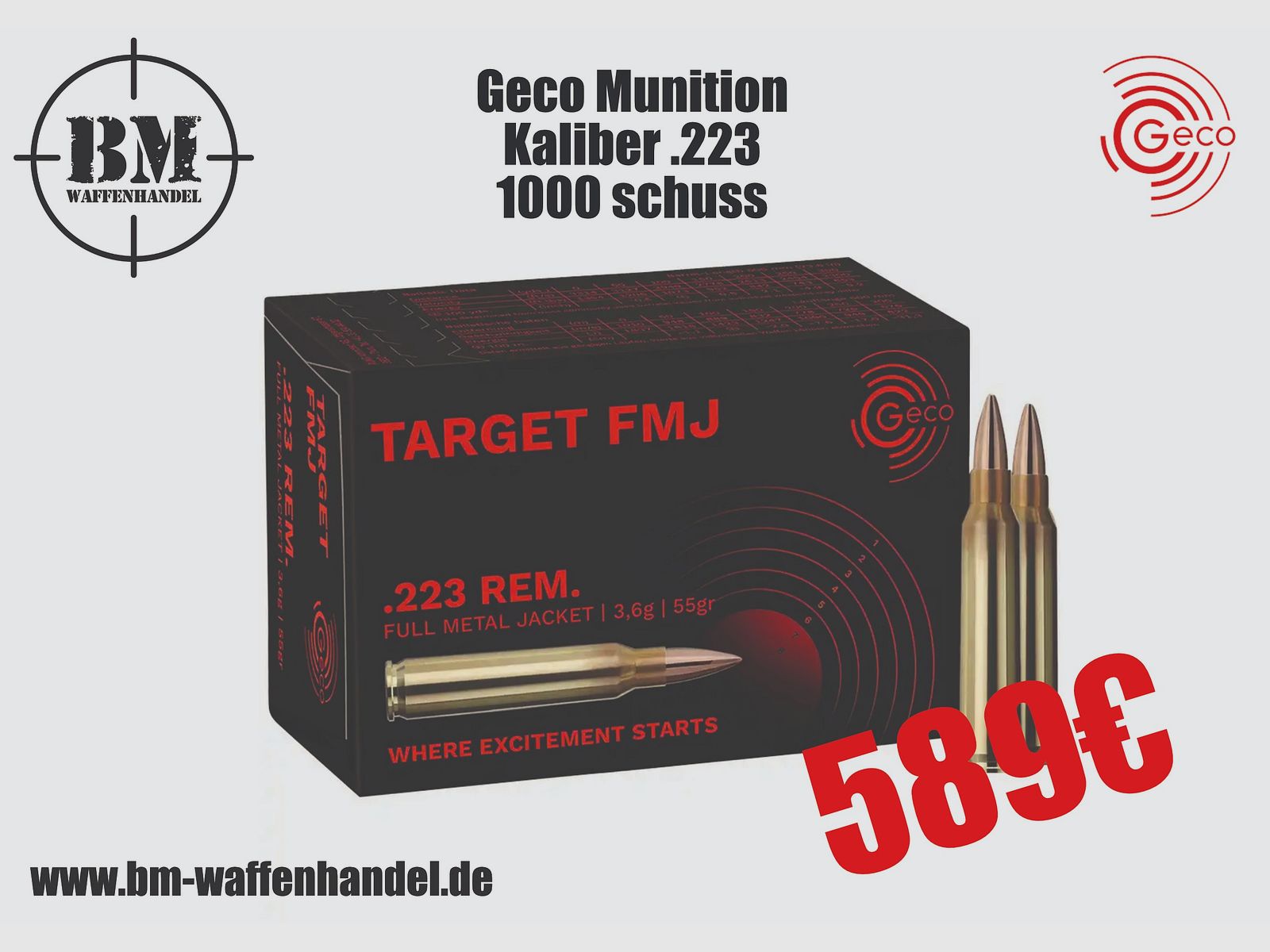 Geco ammunition .223 Rem. Vlm Target 3.6g/55grs. 1000 rounds