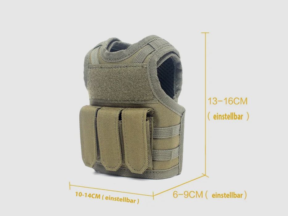Mini Tactical Schutzweste mit Fronttaschen für Bierflasche / Weinflasche / Thermosflasche - Oliv